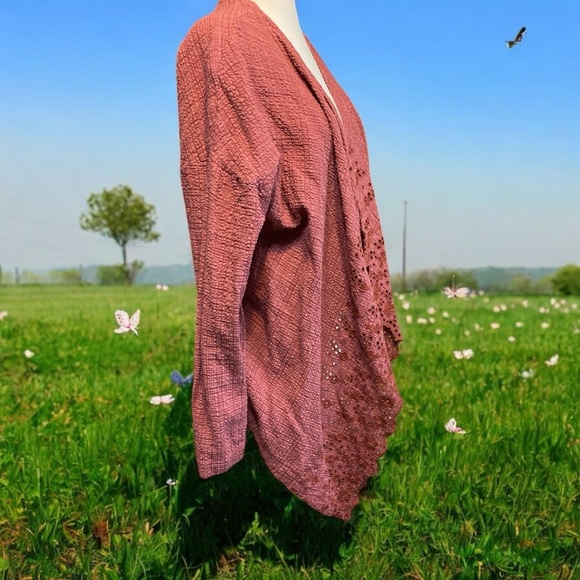 Elegant Rust Open-Front cut work seersucker cardigan waterfall hem L - Picture 3 of 13
